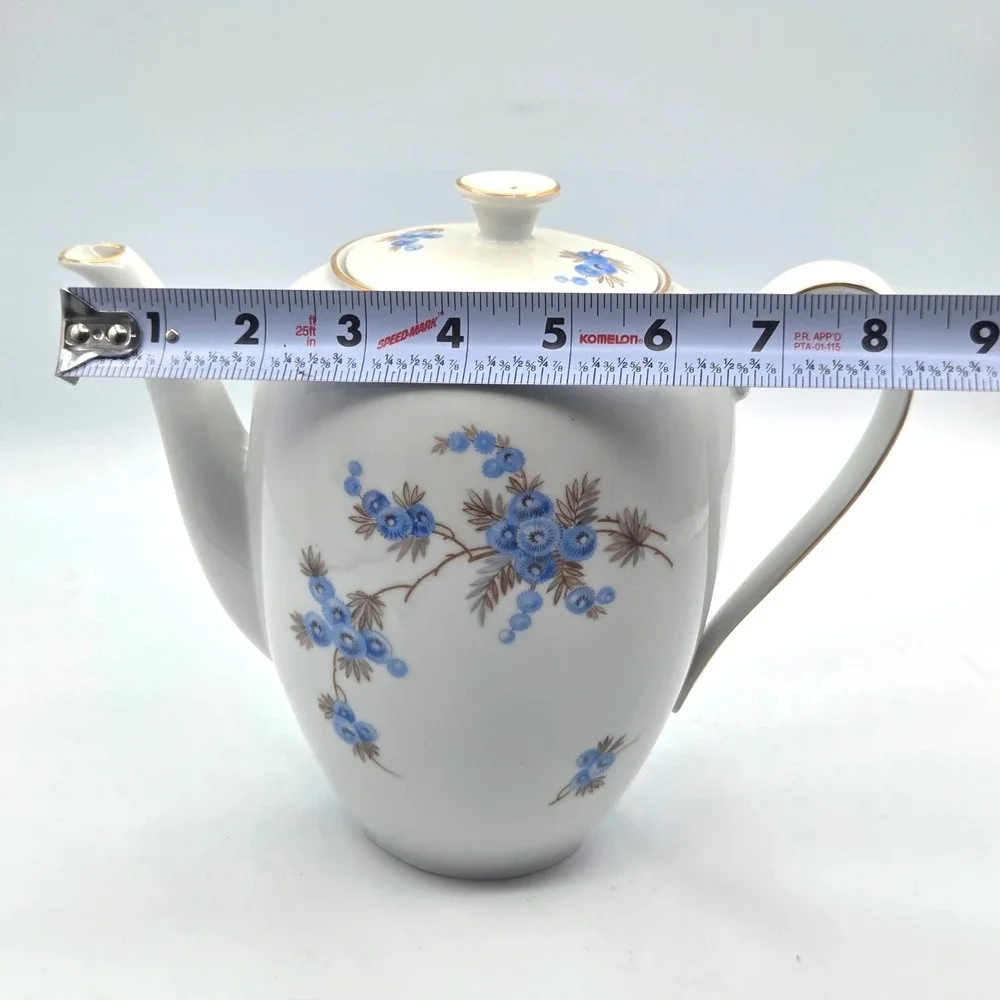VINTAGE Bavarian Fine China Porcelain TeaPot Delicate Blue Floral Gold‎ Trim